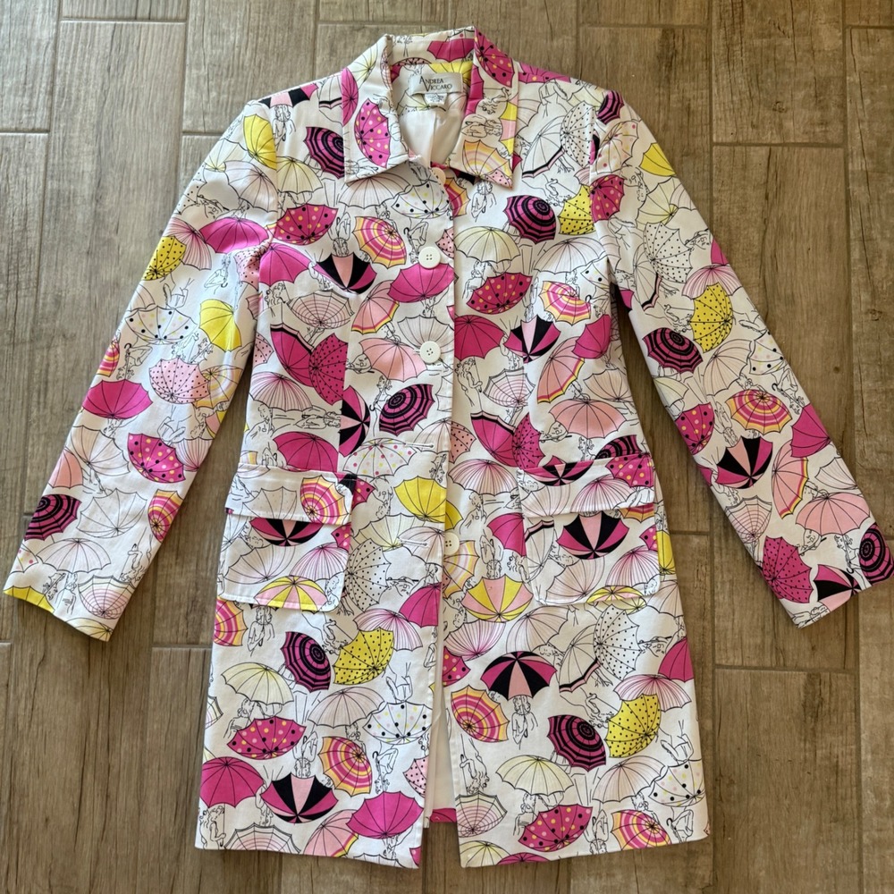 Andrea Viccaro Women Pink Yellow Umbrella Pinup Print Cotton Trench Coat Size 10